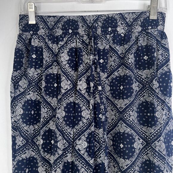 Iris Blue White Print Stretchy Drawstring Waist Jogger Boho Harem Pants Sz Large - Picture 3 of 9